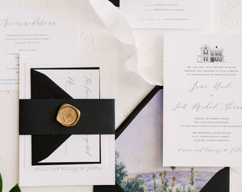 JAMIE | Custom Venue Illustration 3 Piece Wedding Invitations, Elegant Style Wedding Invitation, Printed Wedding Invitations