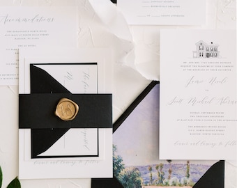 JAMIE | Custom Venue Illustration 4 Piece Wedding Invitations, Classic Wedding Invitation Suite