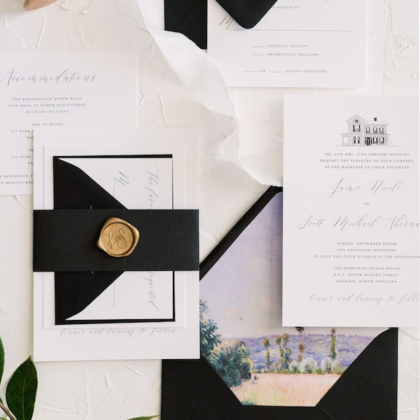 JAMIE | Custom Venue Illustration 4 Piece Wedding Invitations, Classic Wedding Invitation Suite