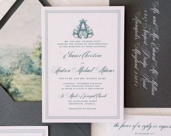 ELEANOR | Couple's Monogram 5 Piece Wedding Invitation, Monogrammed Invitation Suite