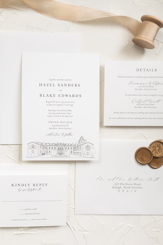 HAZEL Custom Venue Illustration 5 Piece Wedding Invitations Elegant Calligraphy Wedding Invitation Modern Wedding Invitation Etsy