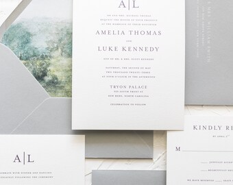 AMELIA | Custom Monogram Illustration 3 Piece Wedding Invitations, Elegant Style Wedding Invitation, Printed Wedding Invitations