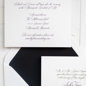 May include: A white wedding invitation with black calligraphy text. The invitation reads "Mr. & Mrs. James Snyde request the pleasure of your company at the marriage of their daughter Julia Faye to Garrett Allen Watson son of Mr. & Mrs. Allen Watson Saturday the twelfth of November"