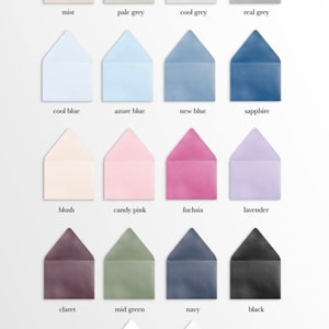 May include: A chart of 16 different colored envelopes, showing a variety of colors, including mist, pale grey, cool grey, real grey, cool blue, azure blue, new blue, sapphire, blush, candy pink, fuchsia, lavender, claret, mid green, navy, black, ultra white, and soft white.