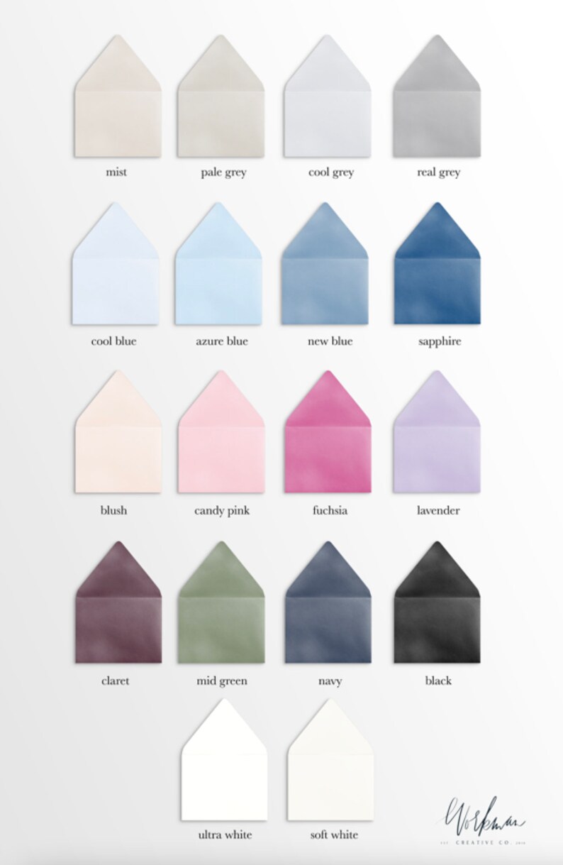 May include: A chart of 16 different colored envelopes, showing a variety of colors, including mist, pale grey, cool grey, real grey, cool blue, azure blue, new blue, sapphire, blush, candy pink, fuchsia, lavender, claret, mid green, navy, black, ultra white, and soft white.