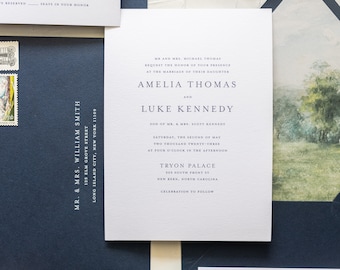 AMELIA | Custom Traditional Script 3 Piece Wedding Invitations, Elegant Style Wedding Invite, Printed Wedding Invite, Calligraphy Invite