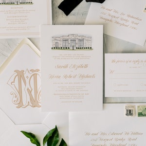 SARAH | Custom Venue Illustration 3 Piece Wedding Invitations, Elegant Style Wedding Invitation, Printed Wedding Invitations