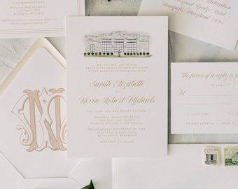 SARAH | Custom Venue Illustration 3 Piece Wedding Invitations, Elegant Style Wedding Invitation, Printed Wedding Invitations