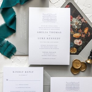 AMELIA | Custom Venue Illustration 3 Piece Wedding Invitations, Elegant Style Wedding Invitation, Printed Wedding Invitations