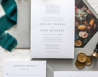 AMELIA | Custom Venue Illustration 3 Piece Wedding Invitations, Elegant Style Wedding Invitation, Printed Wedding Invitations