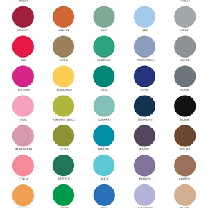 May include: A chart of letterpress and digital ink colors, with names like Berry, Claret, Ginger, Sage, Sky, Grey, Red, Gold, Emerald, Periwinkle, Silver, Fuchsia, Marigold, Teal, Navy, Slate, Pink, Granny Apple, Lagoon, Midnight, Black, Rosewood, Olive, Marine, Raisin, Mocha, Coral, Hunter, Aqua, Passion, Copper, Mango, Green, Blue, Lavender, Taupe.  The chart also includes foil colors: Silver, Gold, Rose Gold, Copper, Matte Black.