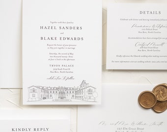 HAZEL | Custom Venue Illustration 3 Piece Wedding Invitations, Elegant Style Wedding Invitation, Printed Wedding Invitations