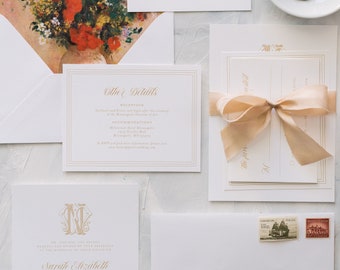 SARAH | Custom Monogram Illustration 3 Piece Wedding Invitations, Elegant Style Wedding Invitation, Printed Wedding Invitations