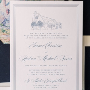 ELEANOR | Custom Venue Illustration 3 Piece Wedding Invitations, Elegant Style Wedding Invitation, Printed Wedding Invitations