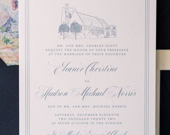 ELEANOR | Custom Venue Illustration 3 Piece Wedding Invitations, Elegant Style Wedding Invitation, Printed Wedding Invitations