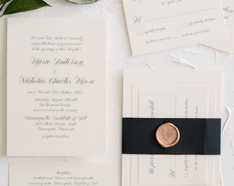 MARIE | Custom Traditional Script 3 Piece Wedding Invitations, Elegant Style Wedding Invite, Printed Wedding Invite, Calligraphy Invite