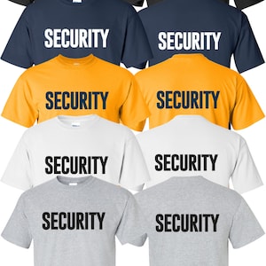 以下が含まれることがあります： さまざまな色の8枚のTシャツのセットで、それぞれに「SECURITY」という単語が対照的な色で印刷されています。シャツは黒、紺、黄、白、グレーがあります。