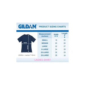 May include: A size chart for women's t-shirts from Gildan. The chart shows the width and length in inches for sizes small through 3X-large.