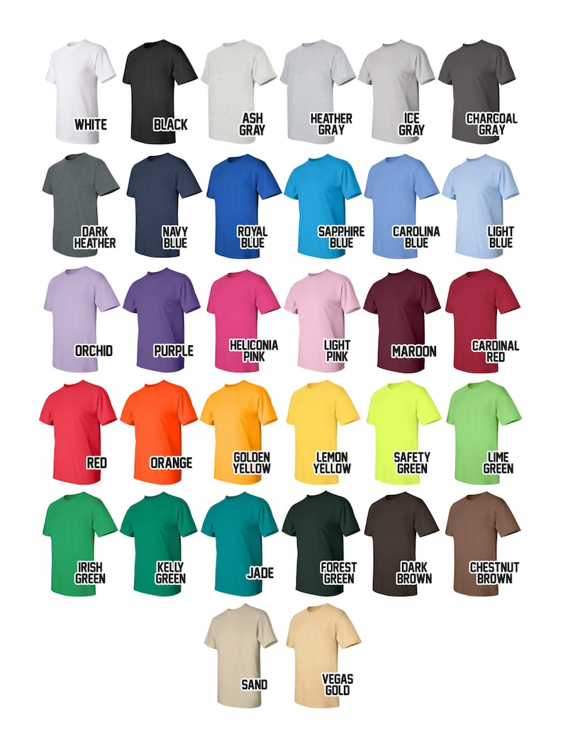 May include: A chart of 24 different colored t-shirts, each with a short-sleeve crew neck. The t-shirts are arranged in four rows of six, with each row representing a different color family. The colors include white, black, gray, blue, pink, red, green, yellow, brown, and orange.