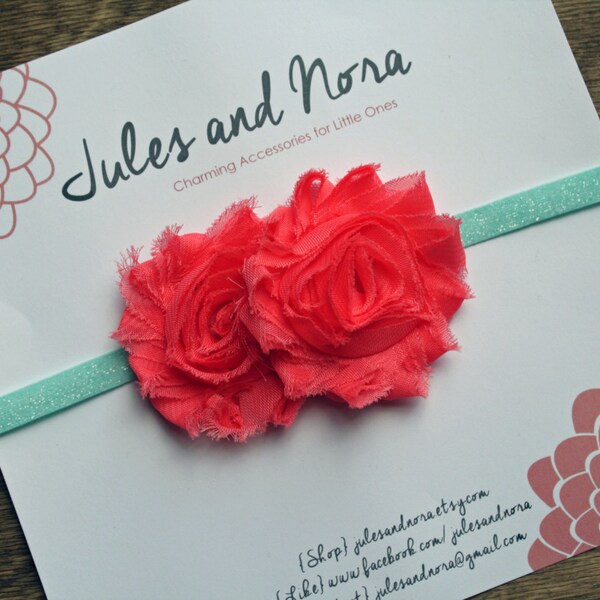 Baby Headband, Flower Headband, Coral Headband, Shabby Flower, Coral and Aqua