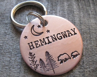 Pet tag, dog tag, personalized ID, custom tag, pet Id tag, hand stamped, tree, moon, stars, bear