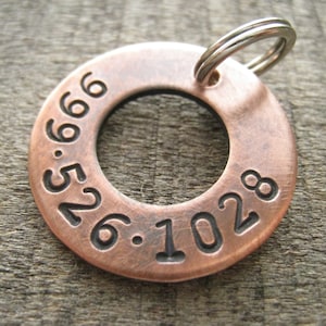 May include: A copper dog tag with a silver ring. The tag has the numbers 6.1028 and 26.566 engraved on it.
