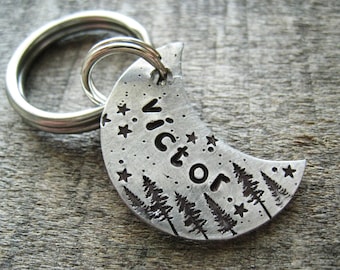 Small Moon Dog Tag - Small Pet Tag - Personalized Pet Tag - Hand Stamped - Moon - Stars - Dog - Trees