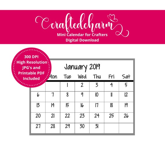 2019 Mini Calendar Digital Download Printable Mini