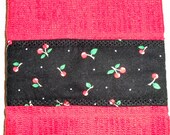 Hand towel, dish towel red handmade home decor Mary Engelbreit cherries kitchen bath red terry cloth dish towel red cherries on black cotton