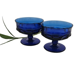 Vintage Cobalt Blue Kings Crown Sherbet Glasses Set of Two/Cobalt Blue Champagne Coupes Sherbet Glasses Set of Two Kings Crown MCM