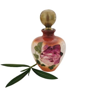 Vintage Hand-Painted Perfume Bottle with Plum Rose – Brass-Colored Stopper, Art Pottery Vanity Decor - Vintage Bottle Unique Art Piece MCM