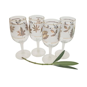 Set of 4 Libbey Golden Foliage Vintage Wine Glasses – 6&quot; Mid-Century Glassware with Frosted Panels and 22K Gold Leaves – 1950s Barware MCM