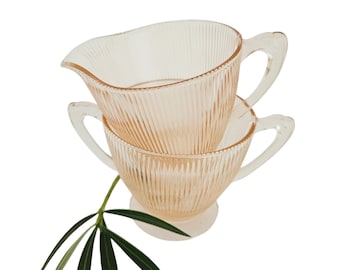Vintage Jeannette Homespun Pink Depression Glass Sugar Bowl and Creamer | Fine Rib Pattern | 1938–1940