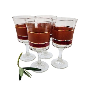Ensemble de quatre verres à vin brandywine vintage par Libbey Glass Company/ensemble de quatre verres à vin Libbey rétro avec bandes dorées rétro accessoires de bar