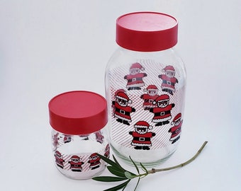 Vintage Large Glass Canisters Red Santa Carlton Glass Made in USA with Red Lids Set of Two/Set of Two Large and Small with Lid/Cookie Jars
