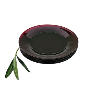 Puede incluir: Una pila de platos oscuros y brillantes con un degradado de rojo oscuro a negro. Los platos están dispuestos sobre un fondo blanco, con una ramita de hojas verdes apoyada contra ellos. Los platos tienen un diseño simple y moderno.