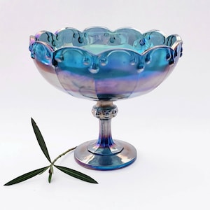 Vintage Compote Iridescent Blue by Indiana Glass Co Harvest Pattern MCM 1970s Decor/Vintage Candy Dish Carnival Glass Iridescent Blue MCM