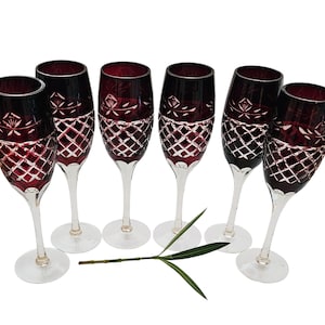 Rare Bohemian Set of 6 Vintage Ruby Cut to Clear Crystal Champagne Flutes – Elegant Bohemian Glassware Set of Six MCM