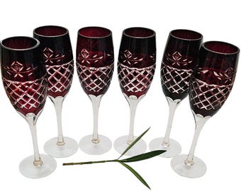Vintage Ruby Cut to Clear Crystal Champagne Flutes – Set of 6 Bohemian Glassware