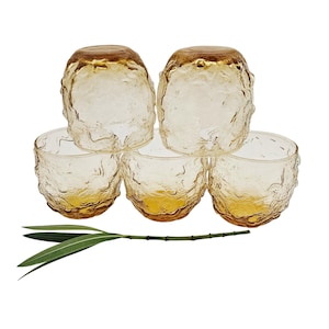 Vintage Set of 5 Anchor Hocking Honey Gold Milano Roly Poly Glasses – 8 oz Textured Tumblers – Mid-Century Modern Barware (1960s–1970s)