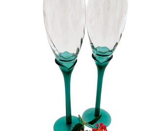 Vintage Teal Green Champagne Flutes: Optical Swirl Stemware, Set of 2