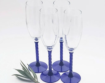 Vintage Kobalt-Blau Sektflöten: Twisted Stem Barware, 4er-Set