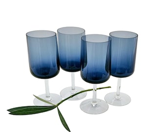 Vintage Dusky Blue Wine Glasses - MCM Barware Set of 4