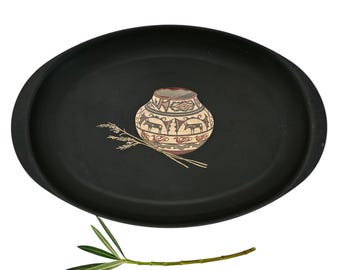 Vintage Couroc of Monterey Oval Serving Tray – Southwestern Pottery Design – 15" x 9" Mid-Century Barware – California Collectible
