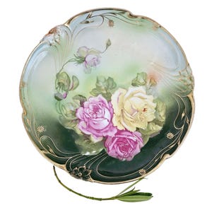 Antique JPSV Bavaria 12&quot; Plate | Hand-Painted Roses | Gold Scrolling | Crossed Swords Mark | Early 1900s Porcelain