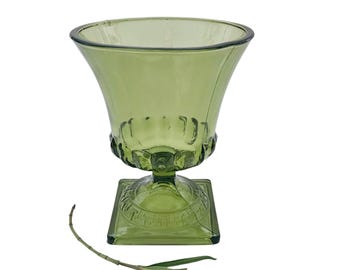 Vintage Avocado Green Vase: Greek Key Pedestal Bowl, MCM Planter