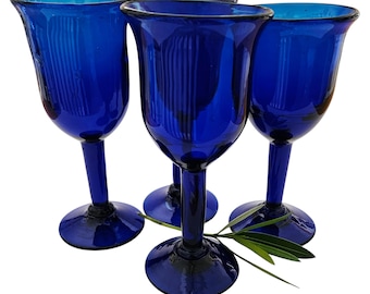 Set of 4 Vintage Cobalt Blue Wine Goblets – Heavy Blown Glass Stemware