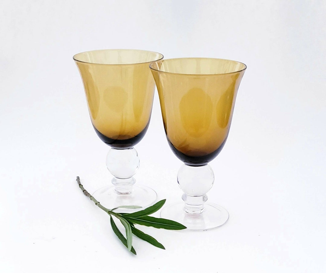Vintage Amber Goblets With Clear Bulb Stem Set of Two Mcm/amber Wedding