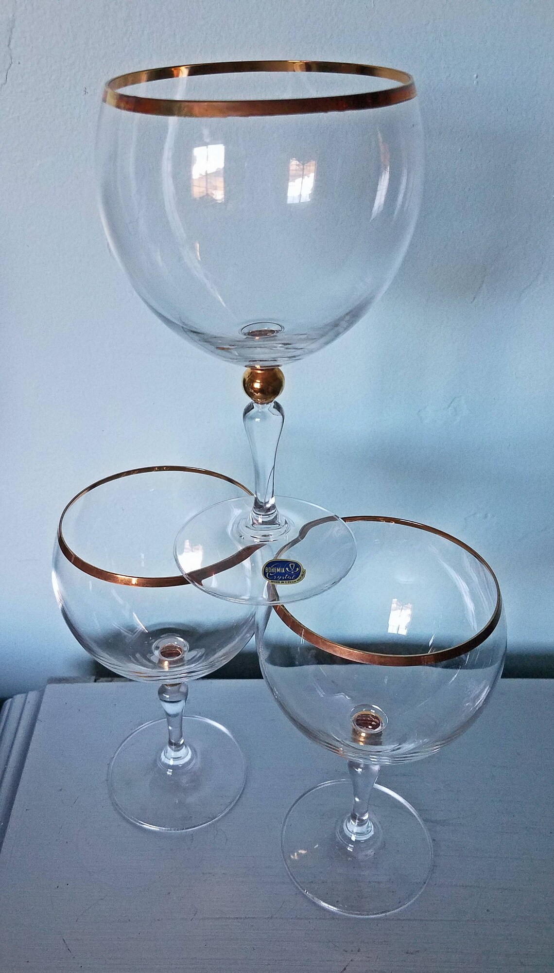 Vintage Wine Glasses Gold Rim with Gold Ball Stem Bohemia Etsy