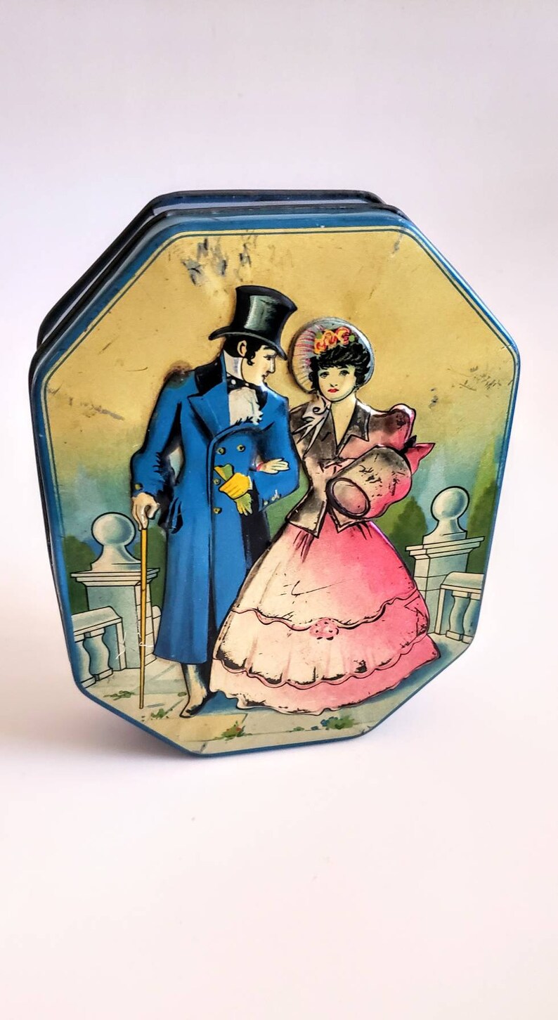 Vintage Tin George Horner Boy Blue Toffee Victorian DressCostume Box with LidVintage Tin Victorian Style BlueVintage Victorian Tin Blue